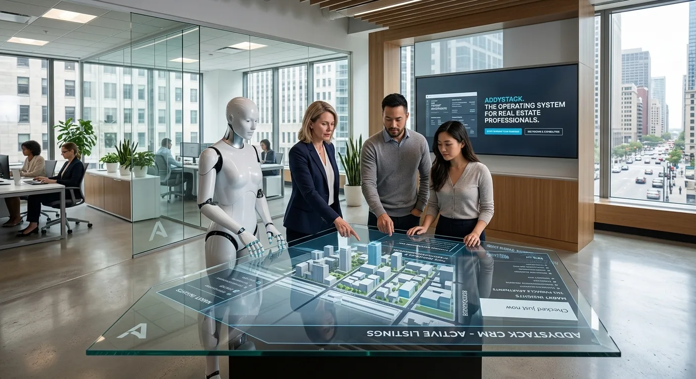 Three colleagues and a humanoid robot standing around a glass table in an office, looking at a lit model of a city block.